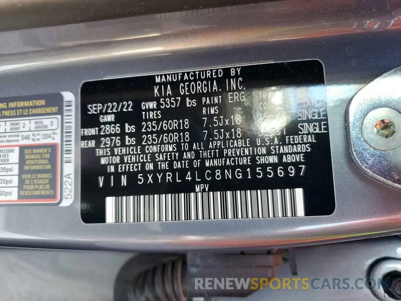 15 Photograph of a damaged car 5XYRL4LC8NG155697 KIA SORENTO 2022