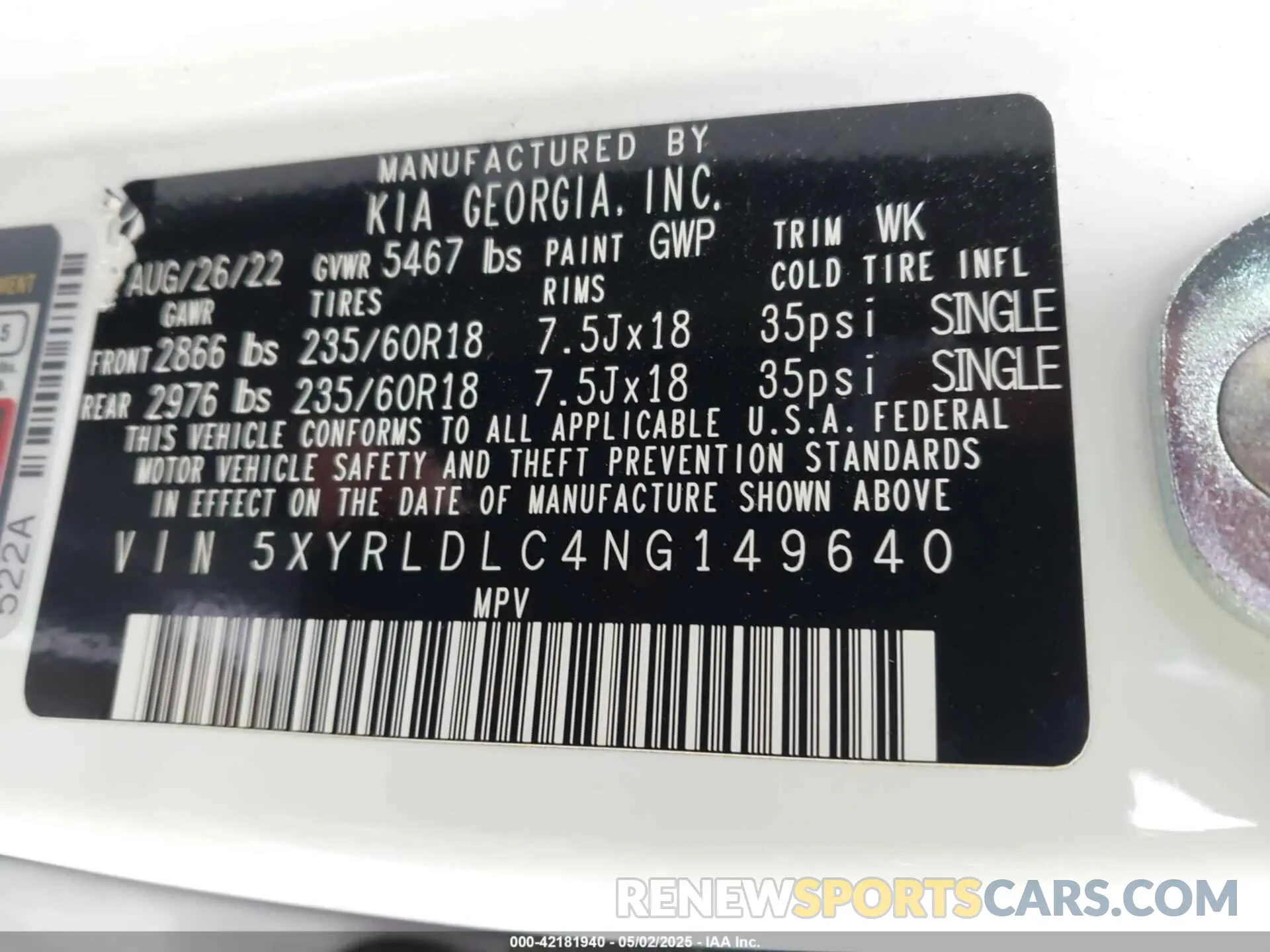 9 Photograph of a damaged car 5XYRLDLC4NG149640 KIA SORENTO 2022