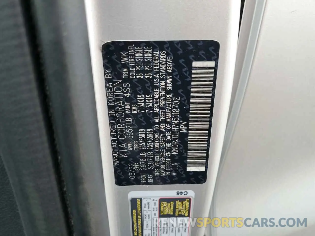 15 Photograph of a damaged car KNDRJDLH7N5118702 KIA SORENTO 2022