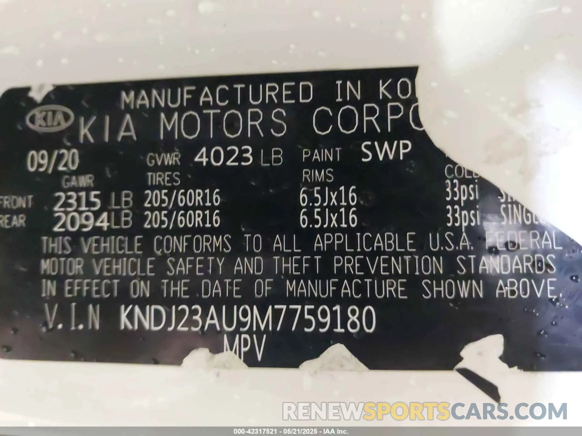 9 Photograph of a damaged car KNDJ23AU9M7759180 KIA SOUL 2021