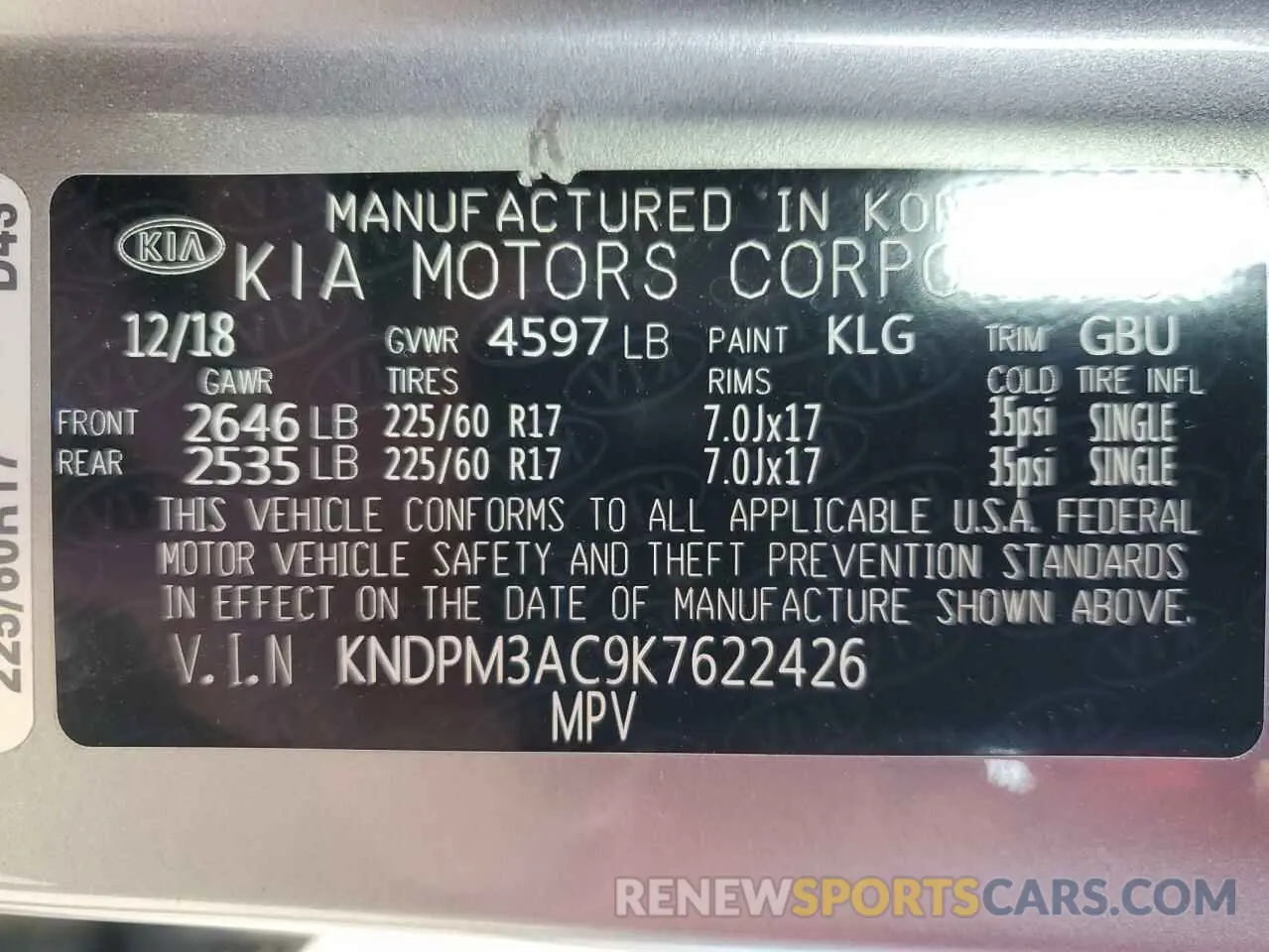 12 Photograph of a damaged car KNDPM3AC9K7622426 KIA SPORTAGE 2019