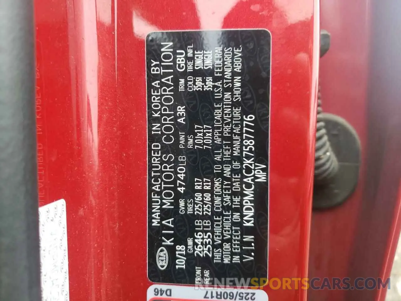 13 Photograph of a damaged car KNDPMCAC2K7587776 KIA SPORTAGE 2019