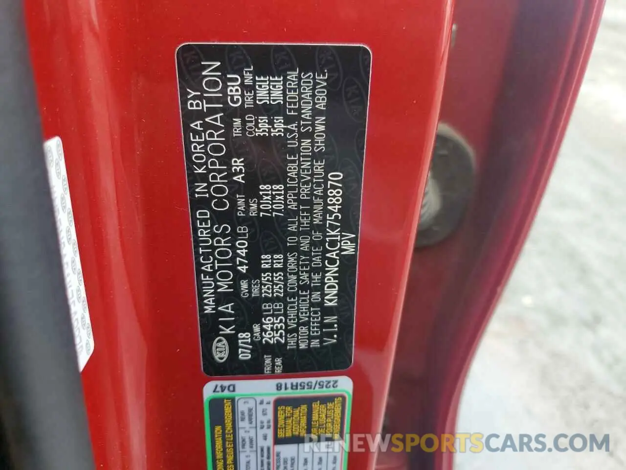 12 Photograph of a damaged car KNDPNCAC1K7548870 KIA SPORTAGE 2019