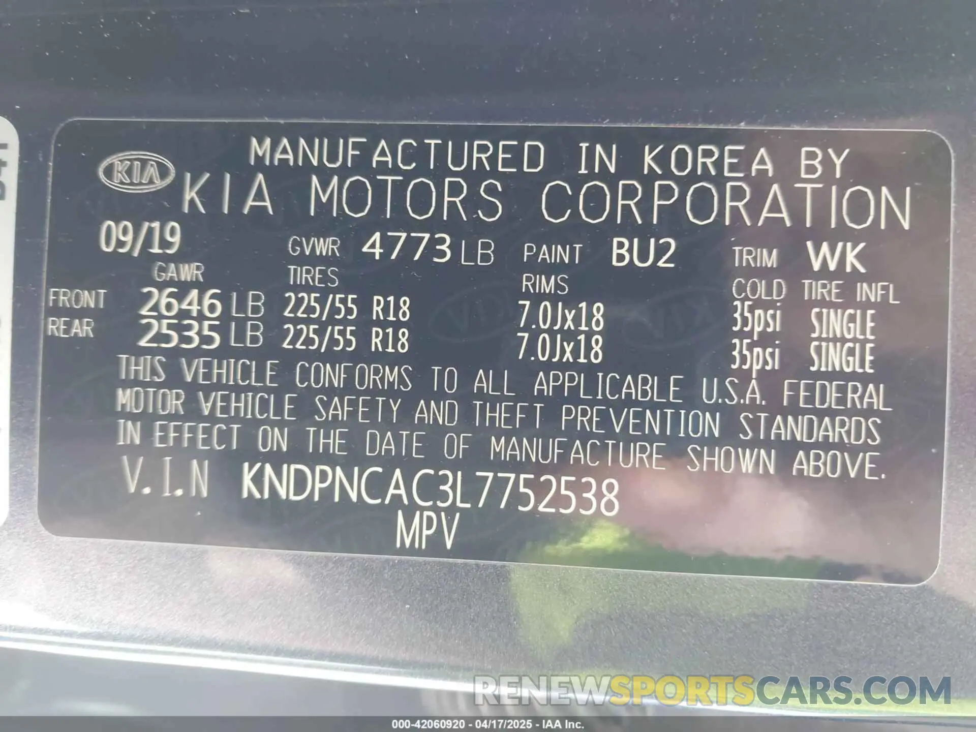 9 Photograph of a damaged car KNDPNCAC3L7752538 KIA SPORTAGE 2020