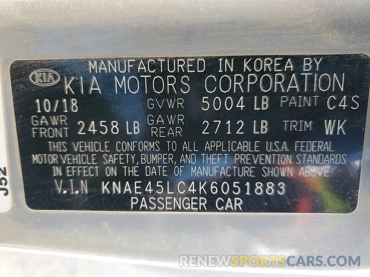 14 Photograph of a damaged car KNAE45LC4K6051883 KIA STINGER 2019