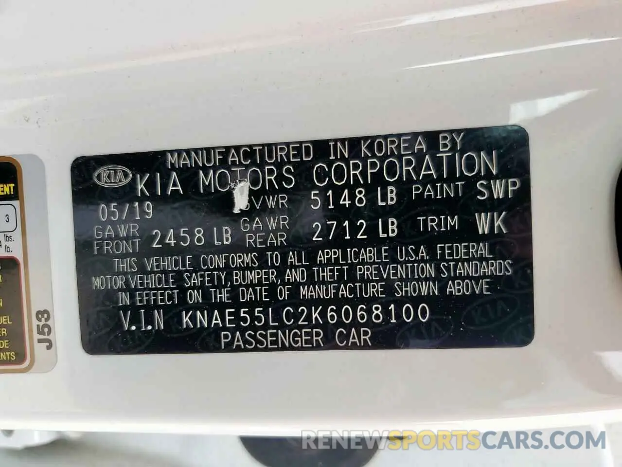 13 Photograph of a damaged car KNAE55LC2K6068100 KIA STINGER 2019