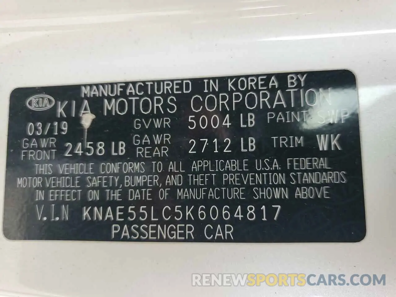 12 Photograph of a damaged car KNAE55LC5K6064817 KIA STINGER 2019