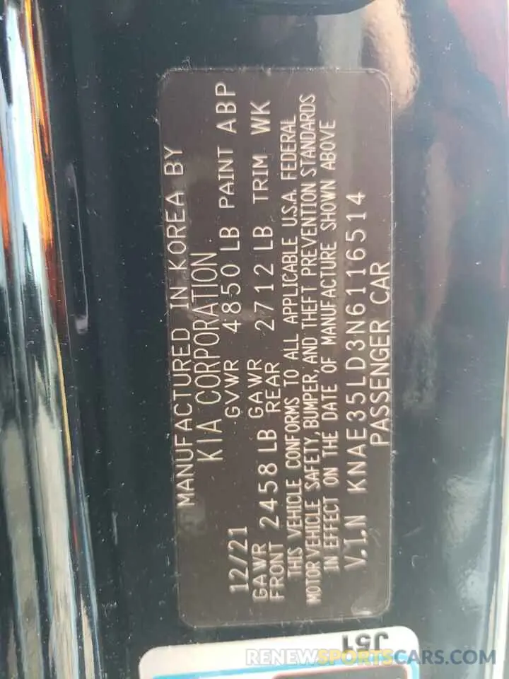 13 Photograph of a damaged car KNAE35LD3N6116514 KIA STINGER 2022