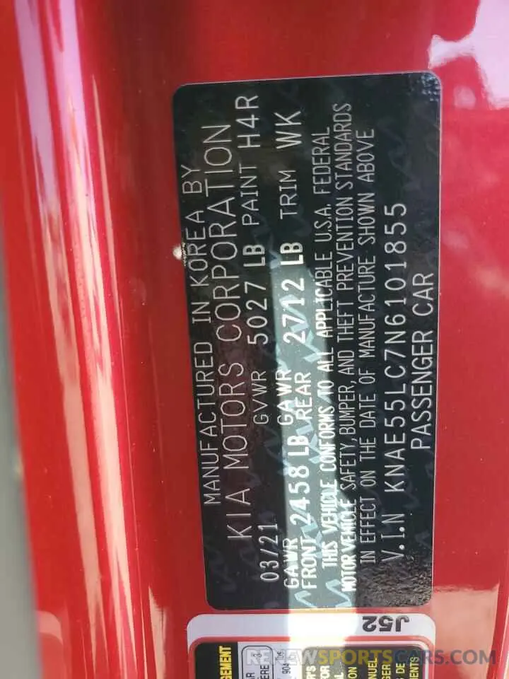 12 Photograph of a damaged car KNAE55LC7N6101855 KIA STINGER 2022