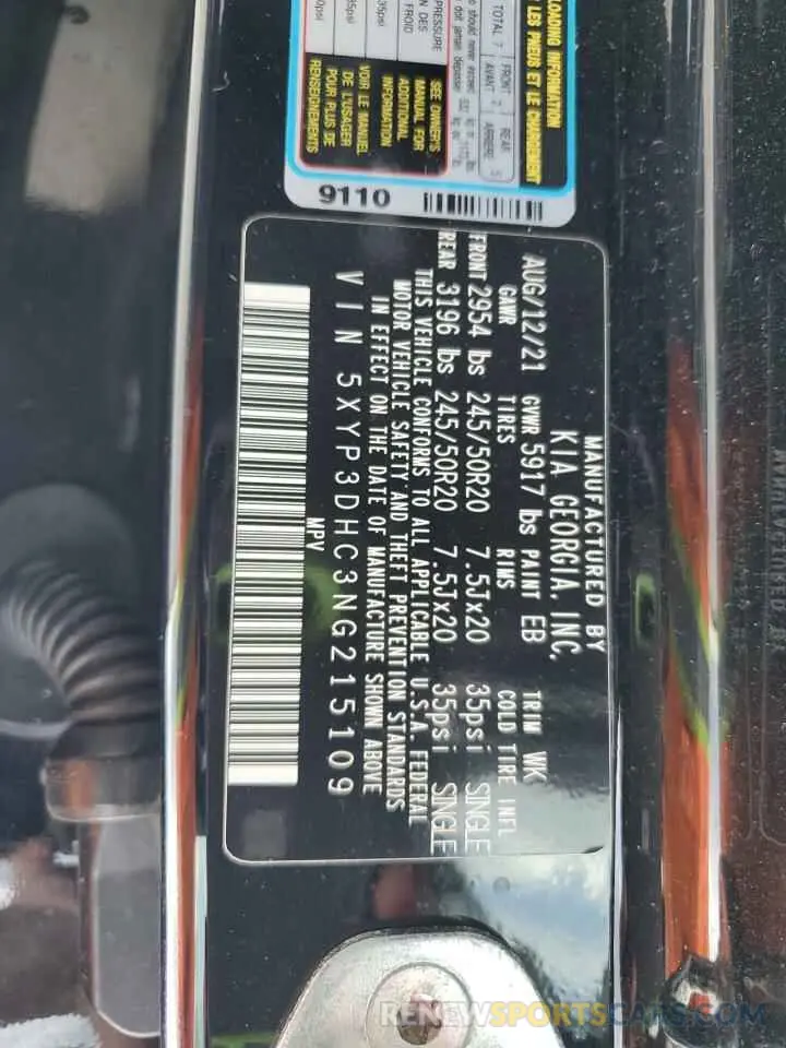 14 Photograph of a damaged car 5XYP3DHC3NG215109 KIA TELLURIDE 2022