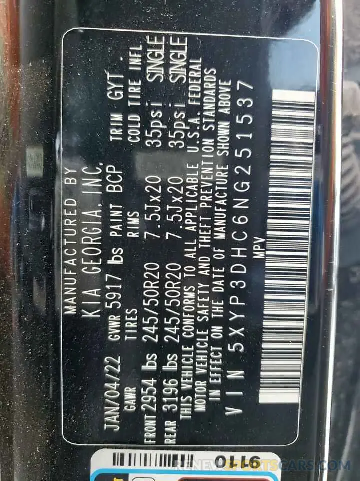 13 Photograph of a damaged car 5XYP3DHC6NG251537 KIA TELLURIDE 2022