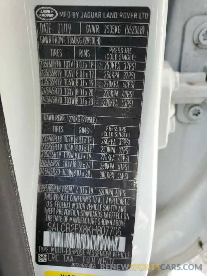 13 Photograph of a damaged car SALCR2FX8KH807706 LAND ROVER DISCOVERY 2019