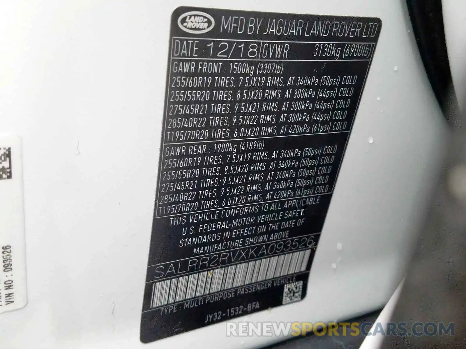 10 Photograph of a damaged car SALRR2RVXKA093526 LAND ROVER DISCOVERY 2019