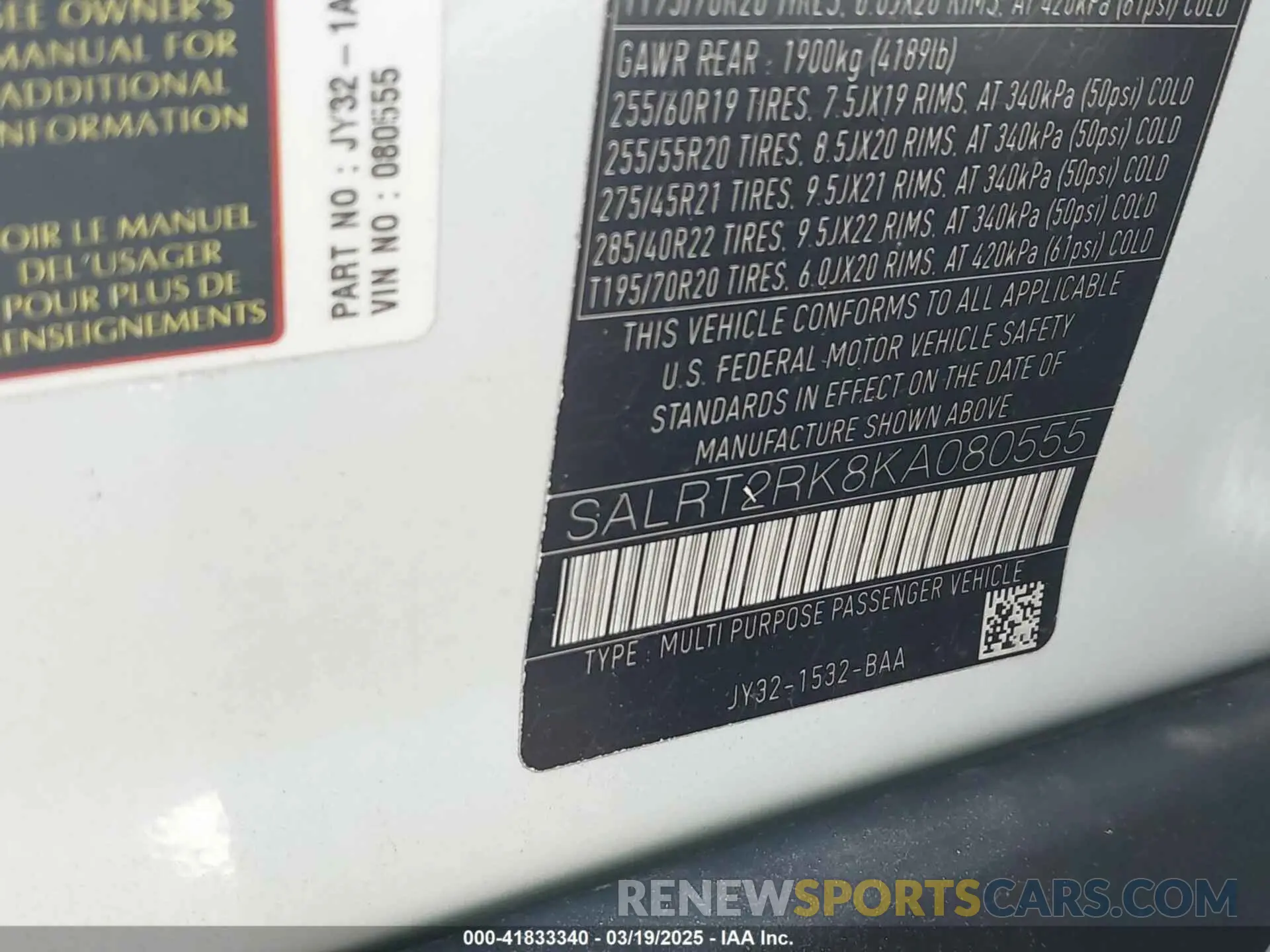 9 Photograph of a damaged car SALRT2RK8KA080555 LAND ROVER DISCOVERY 2019