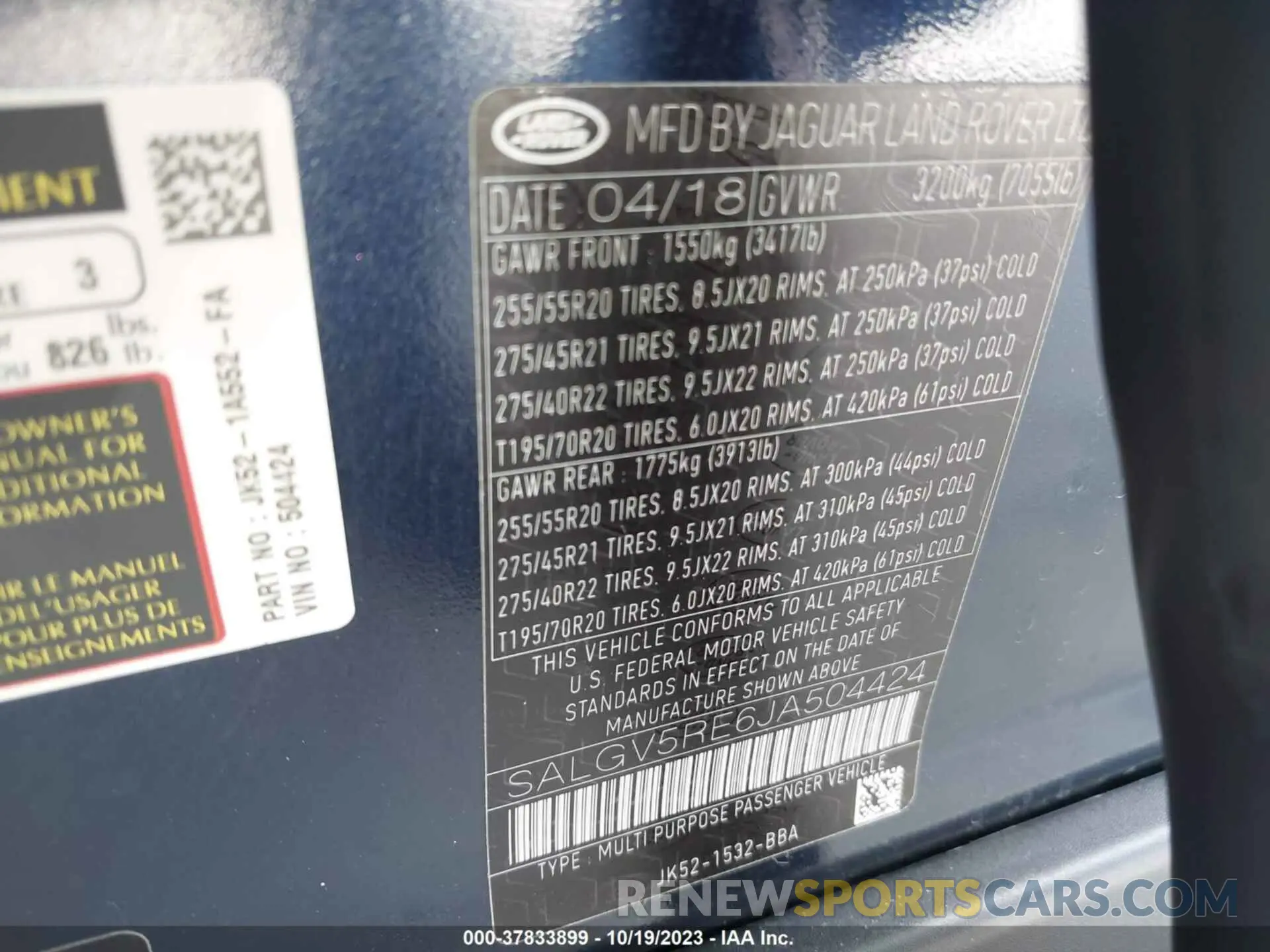 9 Photograph of a damaged car SALGV5RE6JA504424 LAND ROVER RANGE ROVER 2018