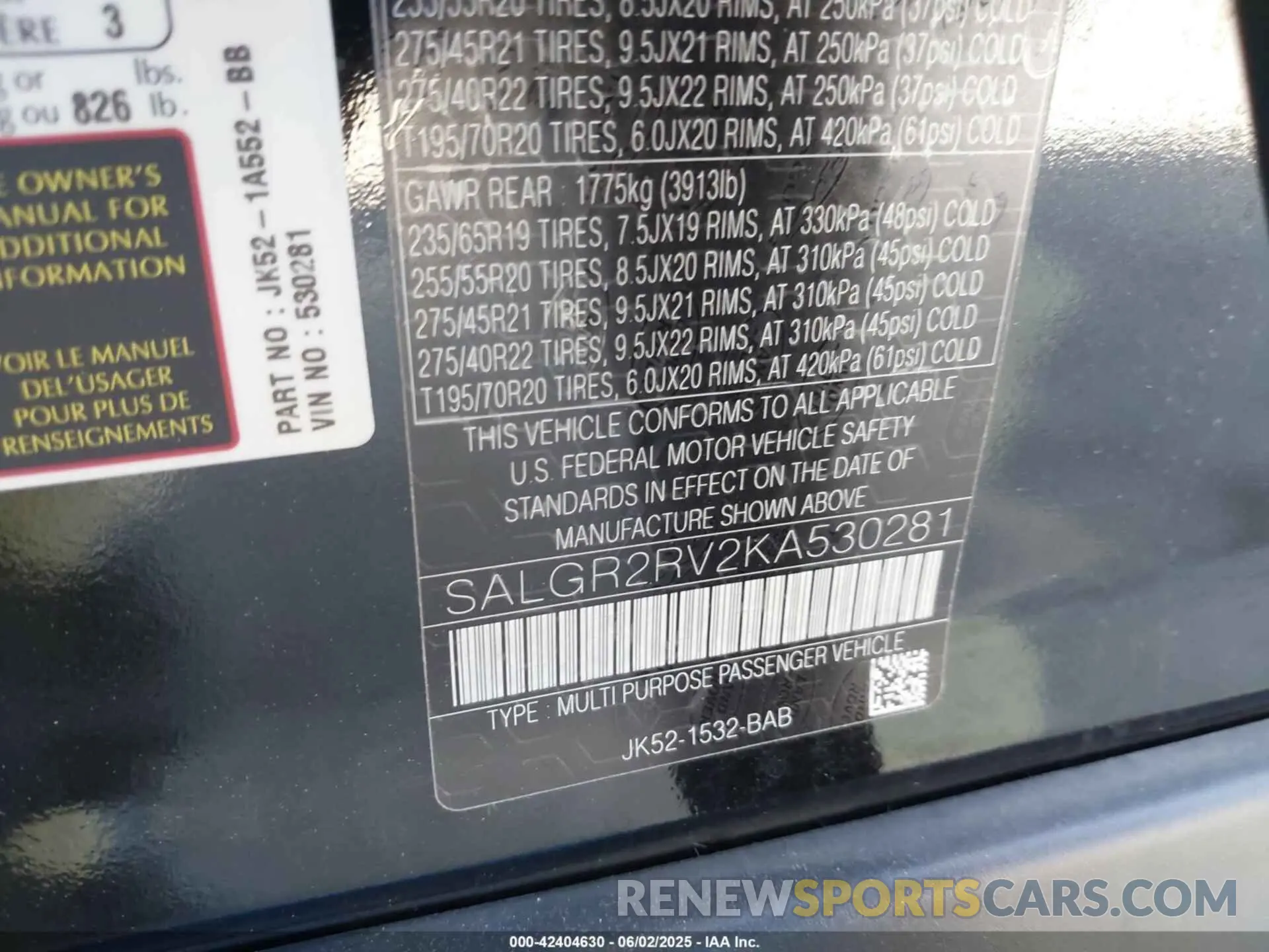9 Photograph of a damaged car SALGR2RV2KA530281 LAND ROVER RANGE ROVER 2019
