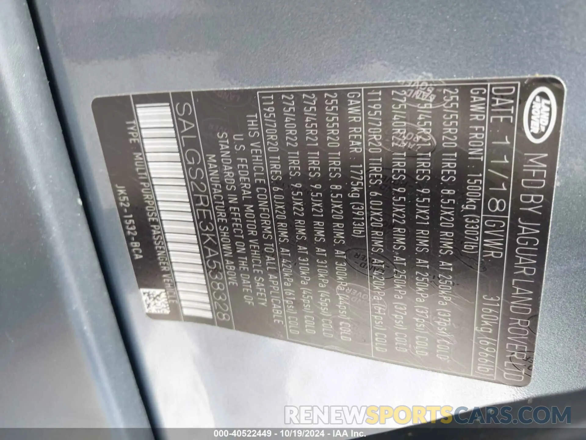 9 Photograph of a damaged car SALGS2RE3KA538328 LAND ROVER RANGE ROVER 2019