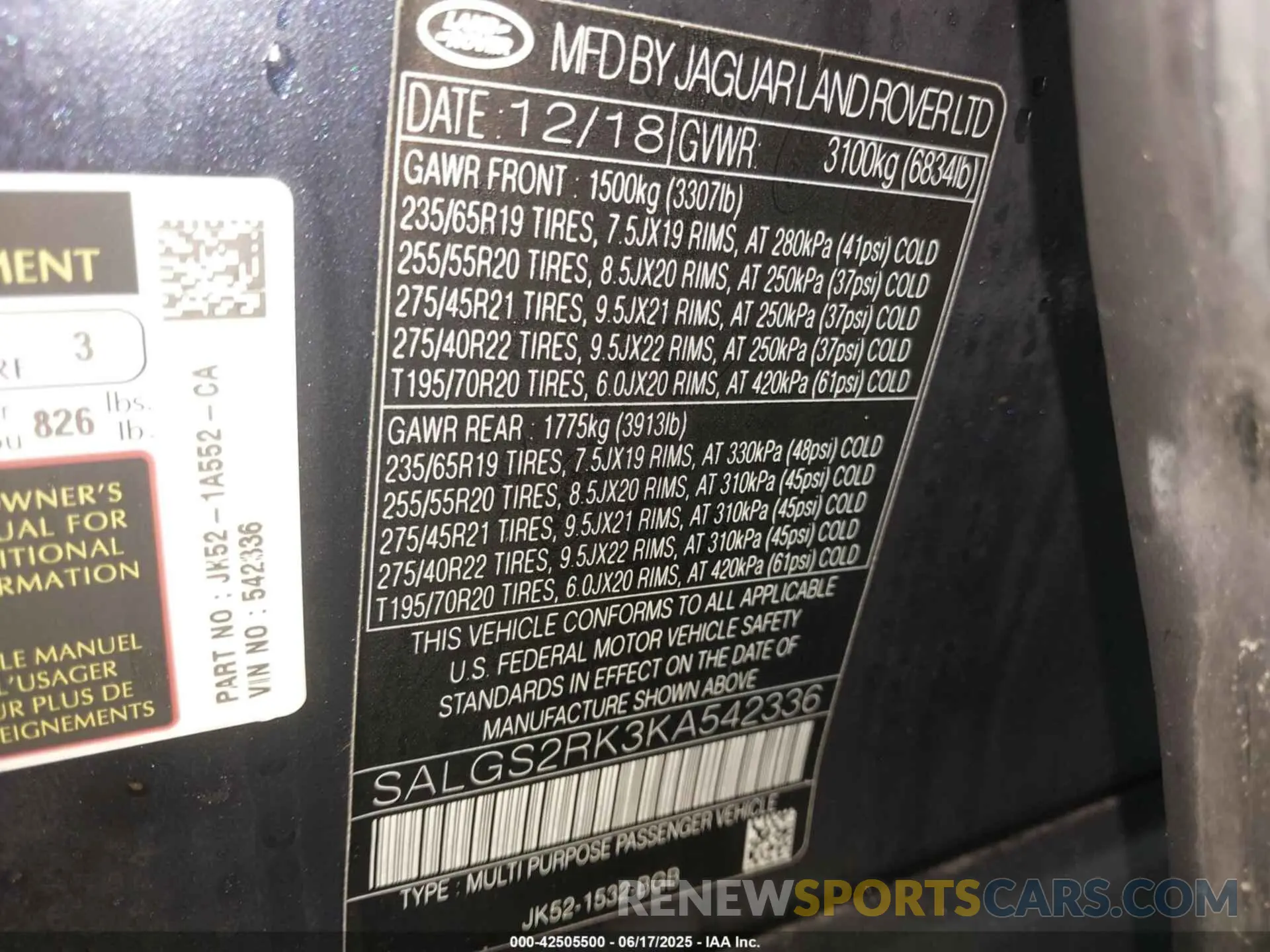 9 Photograph of a damaged car SALGS2RK3KA542336 LAND ROVER RANGE ROVER 2019
