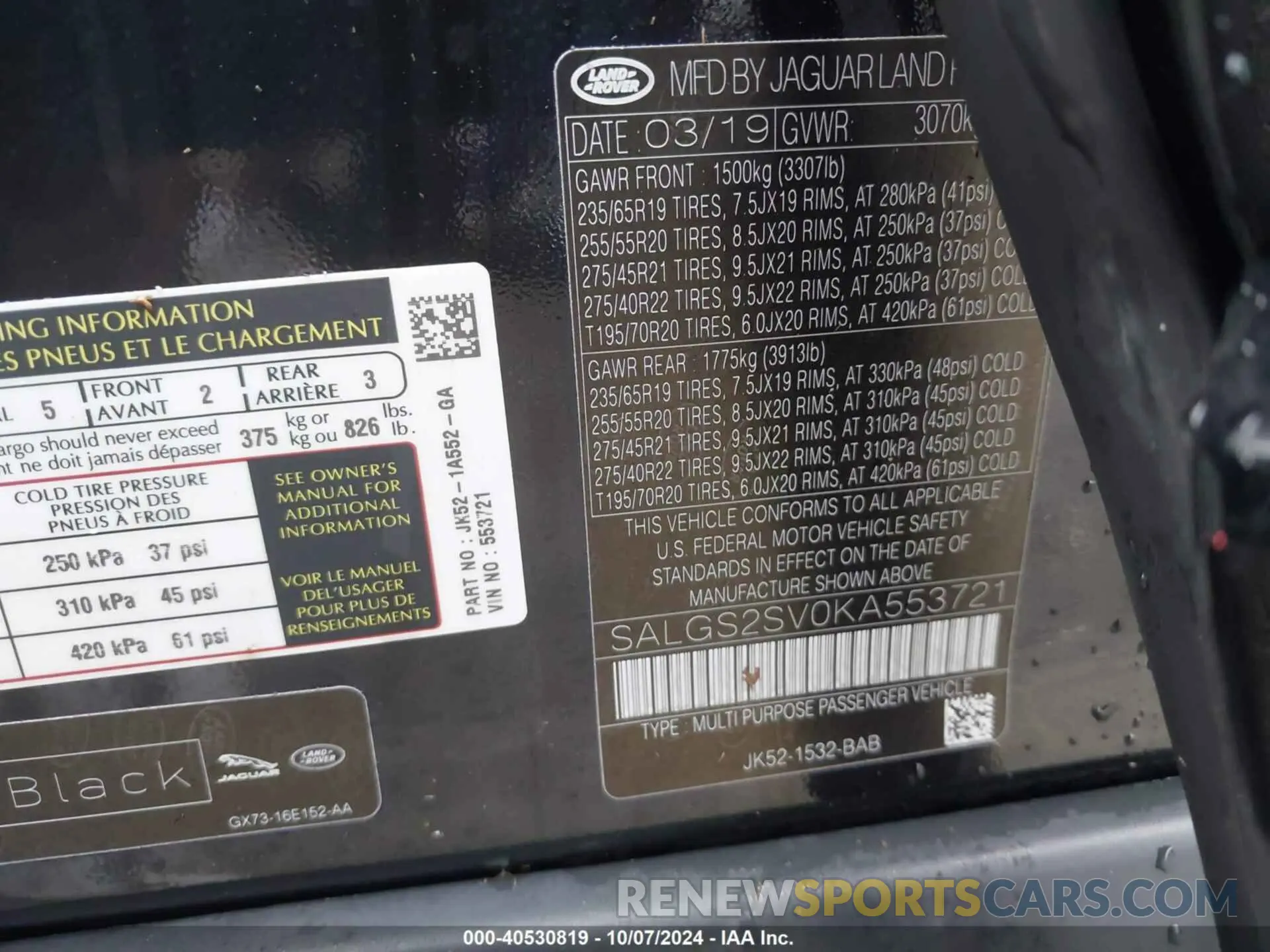 9 Photograph of a damaged car SALGS2SV0KA553721 LAND ROVER RANGE ROVER 2019