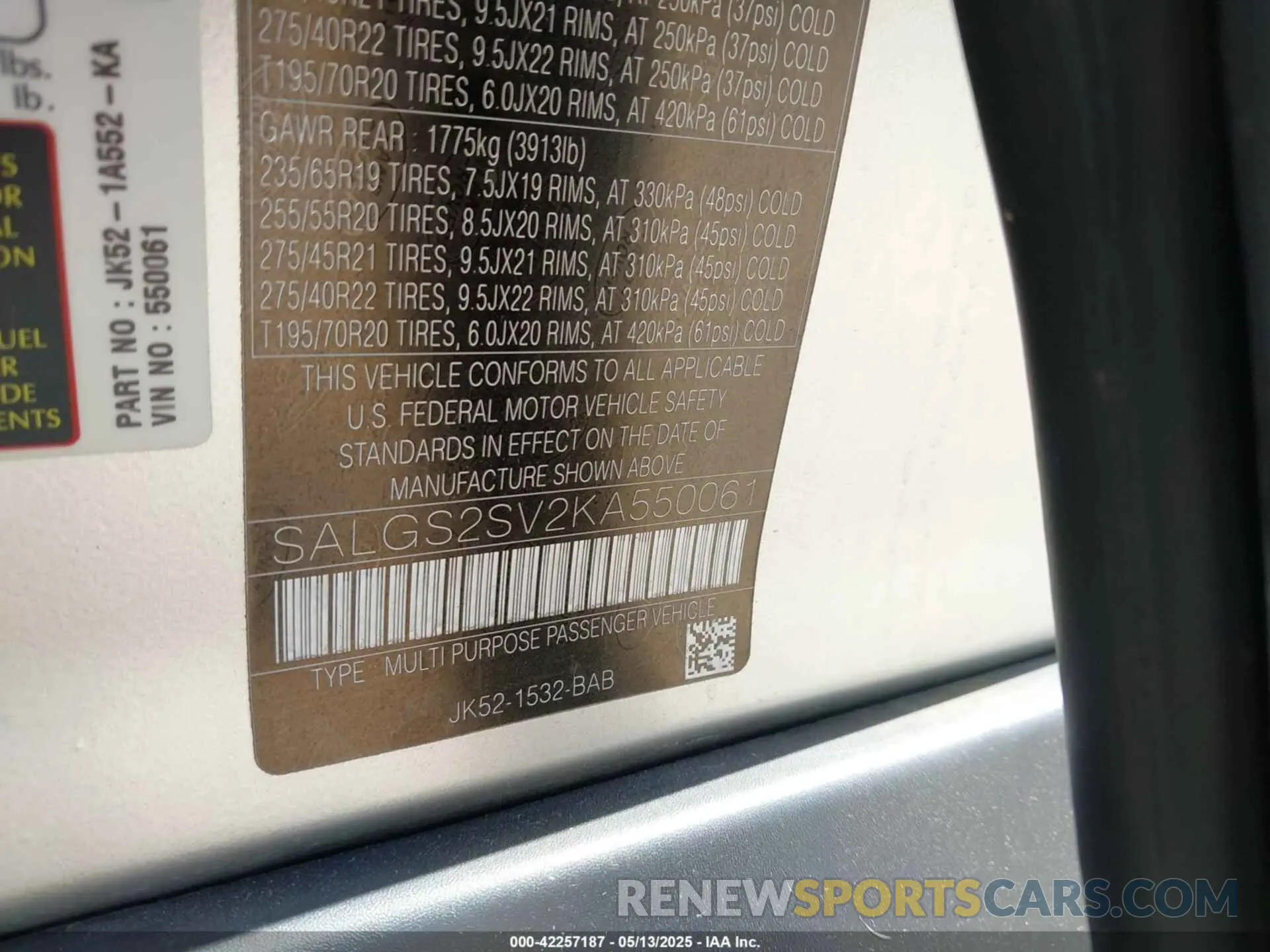 9 Photograph of a damaged car SALGS2SV2KA550061 LAND ROVER RANGE ROVER 2019