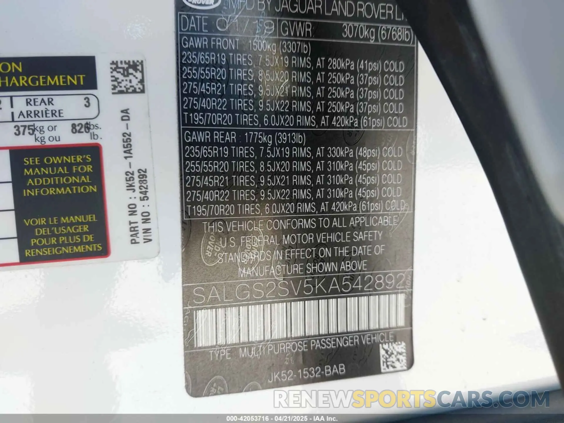 9 Photograph of a damaged car SALGS2SV5KA542892 LAND ROVER RANGE ROVER 2019