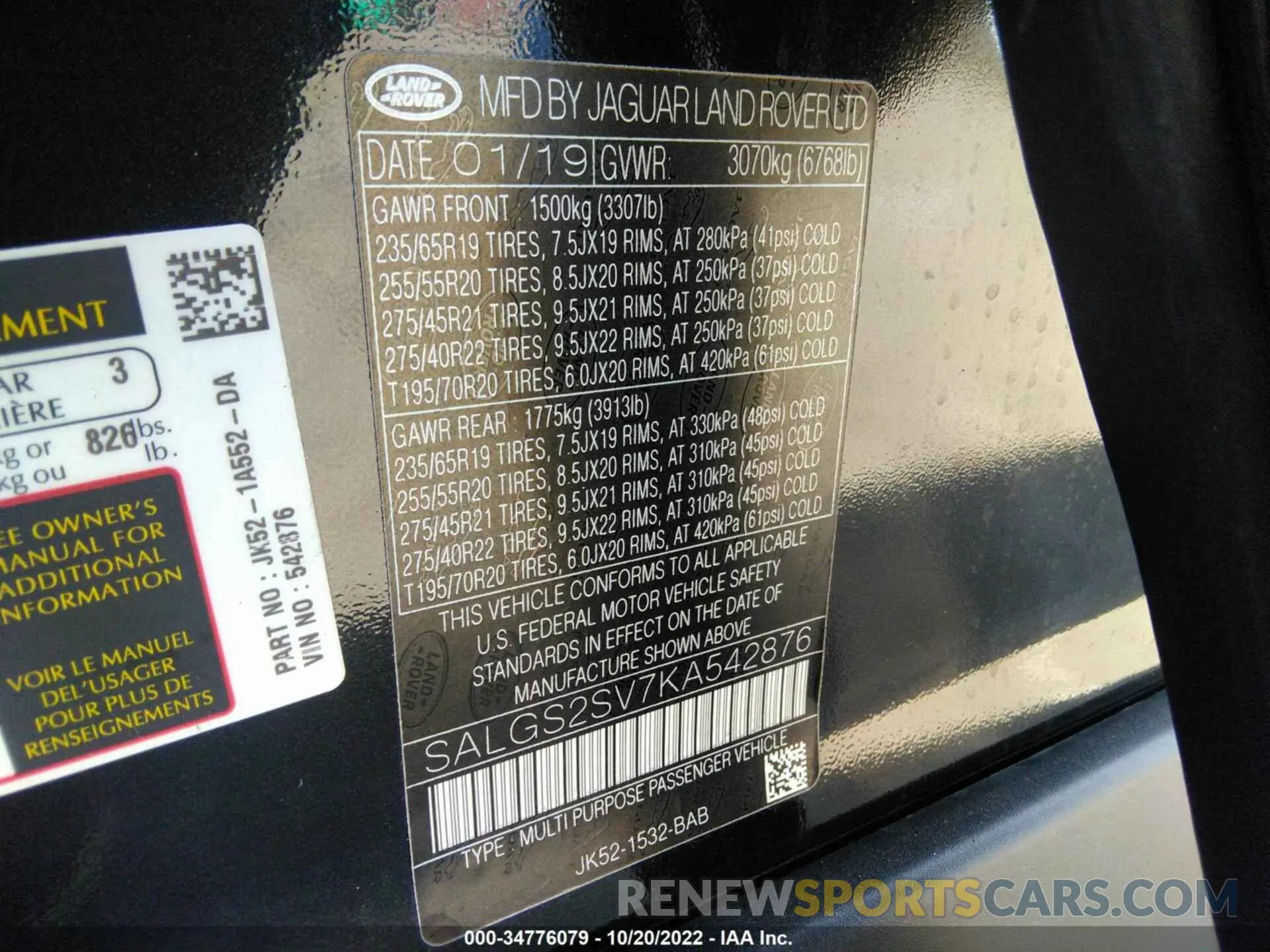 9 Photograph of a damaged car SALGS2SV7KA542876 LAND ROVER RANGE ROVER 2019