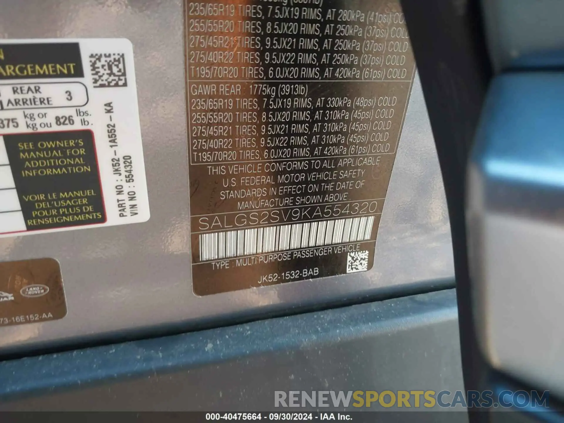 9 Photograph of a damaged car SALGS2SV9KA554320 LAND ROVER RANGE ROVER 2019
