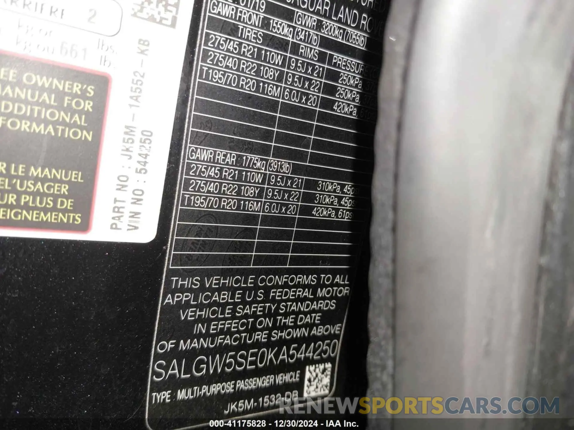 9 Photograph of a damaged car SALGW5SE0KA544250 LAND ROVER RANGE ROVER 2019