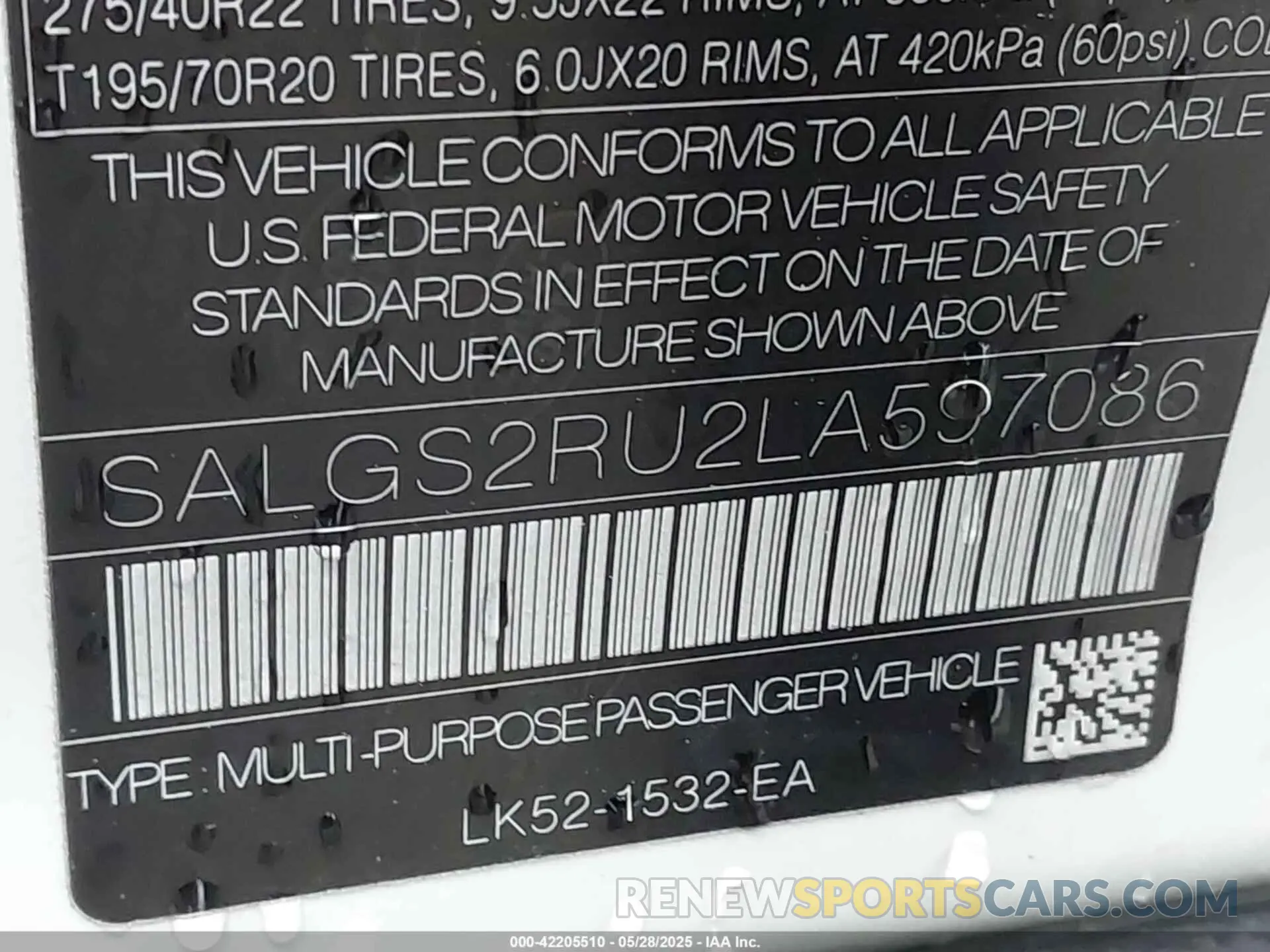 9 Photograph of a damaged car SALGS2RU2LA597086 LAND ROVER RANGE ROVER 2020