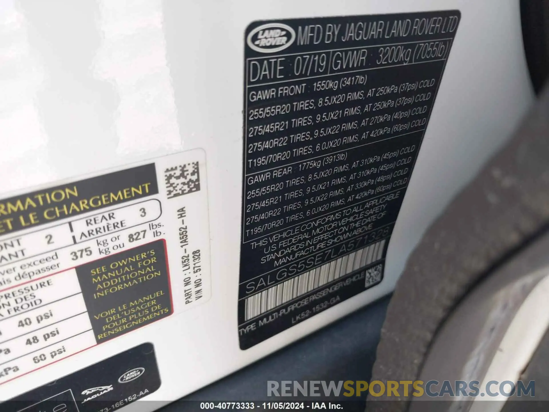 9 Photograph of a damaged car SALGS5SE7LA571328 LAND ROVER RANGE ROVER 2020
