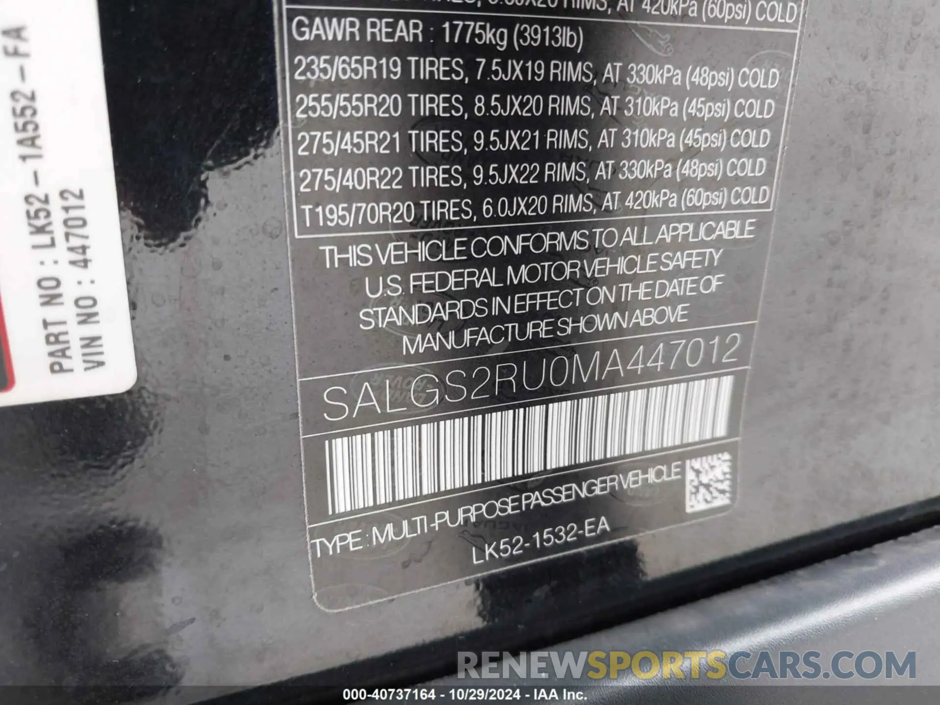 9 Photograph of a damaged car SALGS2RU0MA447012 LAND ROVER RANGE ROVER 2021