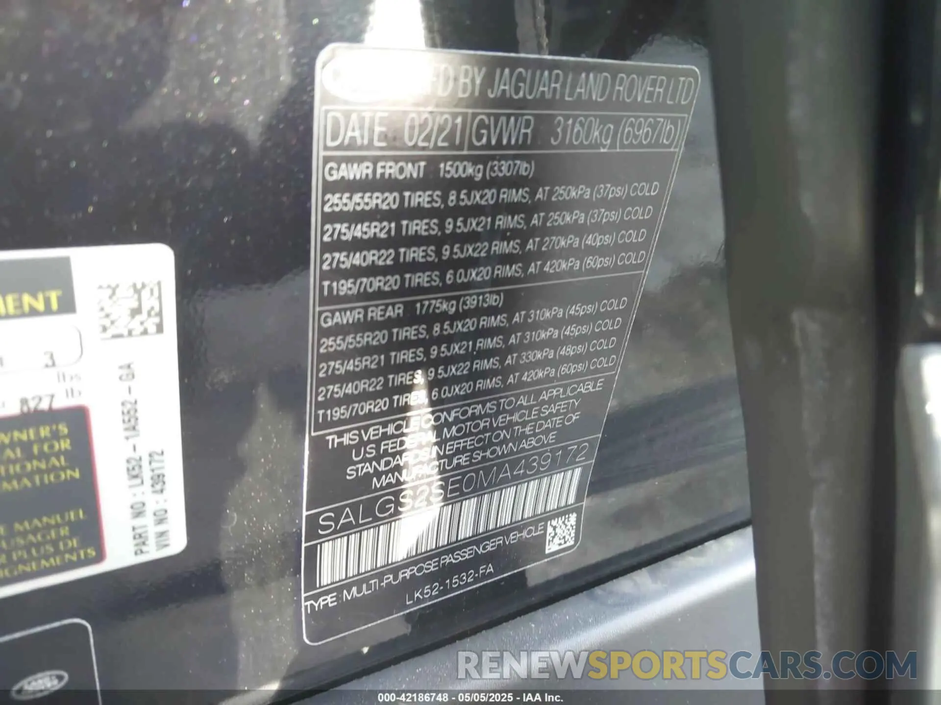 9 Photograph of a damaged car SALGS2SE0MA439172 LAND ROVER RANGE ROVER 2021