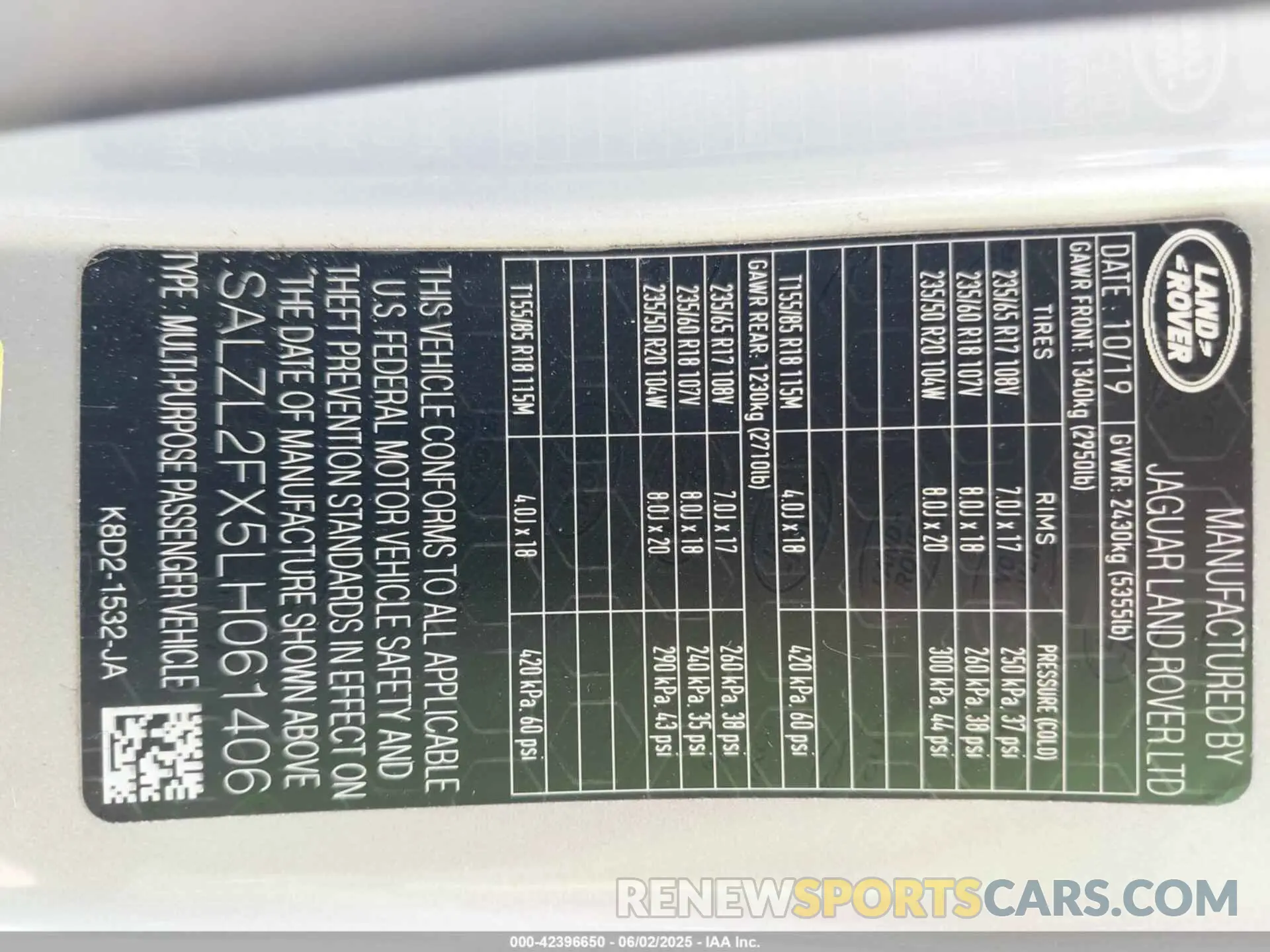 9 Photograph of a damaged car SALZL2FX5LH061406 LAND ROVER RANGE ROVER EVOQUE 2020