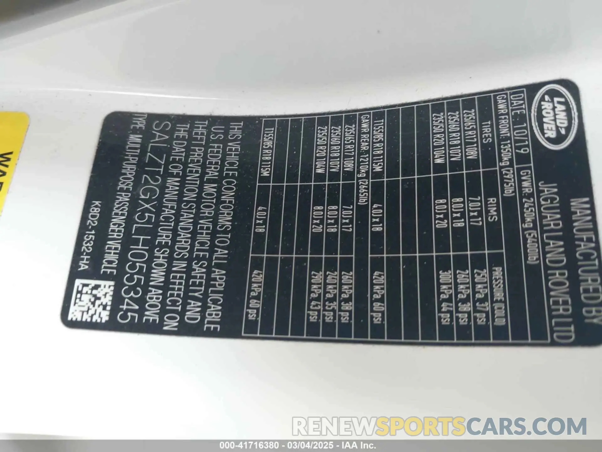 9 Photograph of a damaged car SALZT2GX5LH055345 LAND ROVER RANGE ROVER EVOQUE 2020