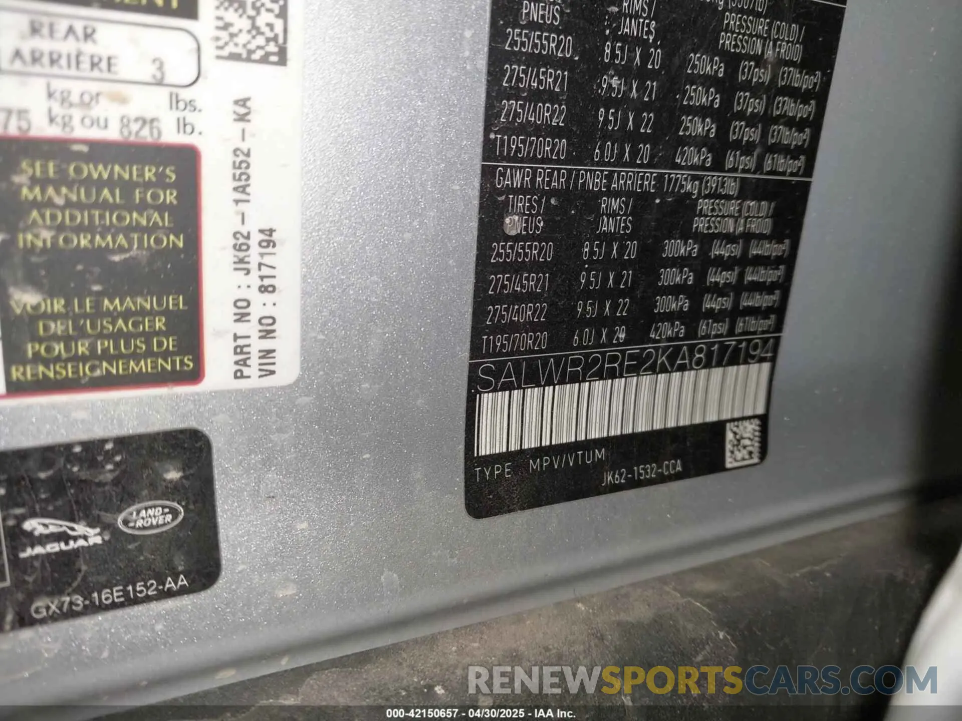 9 Photograph of a damaged car SALWR2RE2KA817194 LAND ROVER RANGE ROVER SPORT 2019