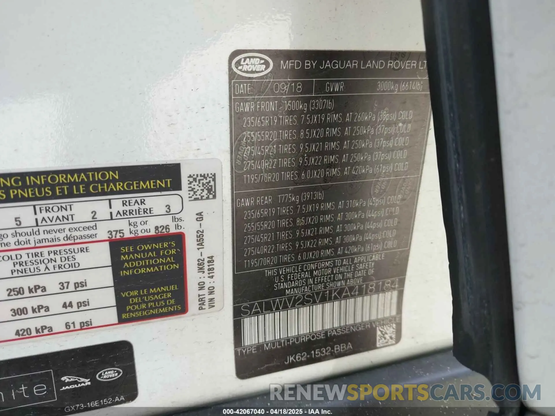 9 Photograph of a damaged car SALWV2SV1KA418184 LAND ROVER RANGE ROVER SPORT 2019