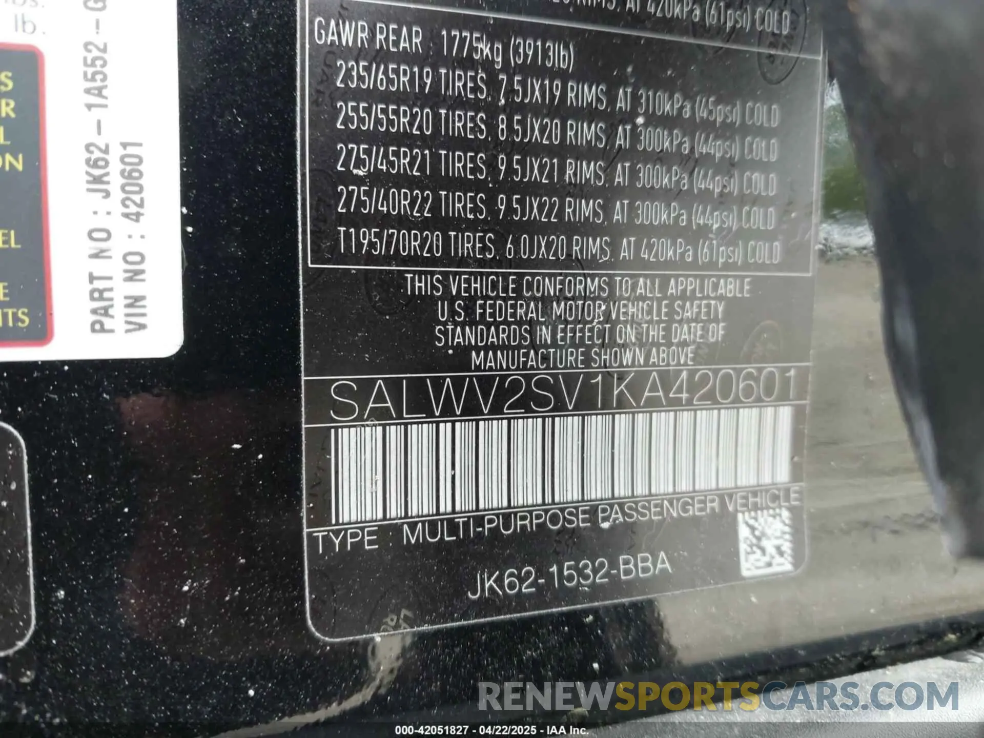 9 Photograph of a damaged car SALWV2SV1KA420601 LAND ROVER RANGE ROVER SPORT 2019