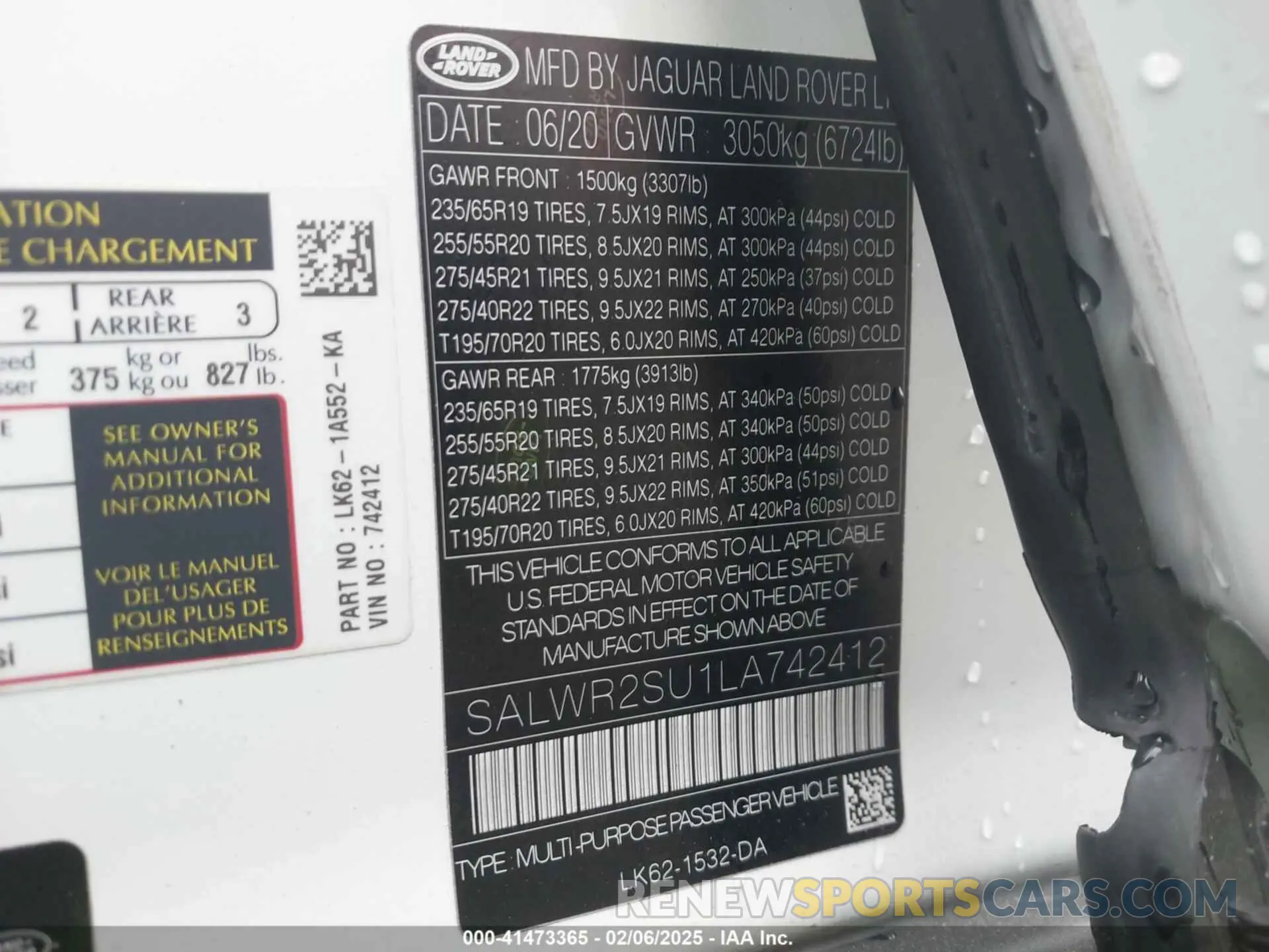 9 Photograph of a damaged car SALWR2SU1LA742412 LAND ROVER RANGE ROVER SPORT 2020