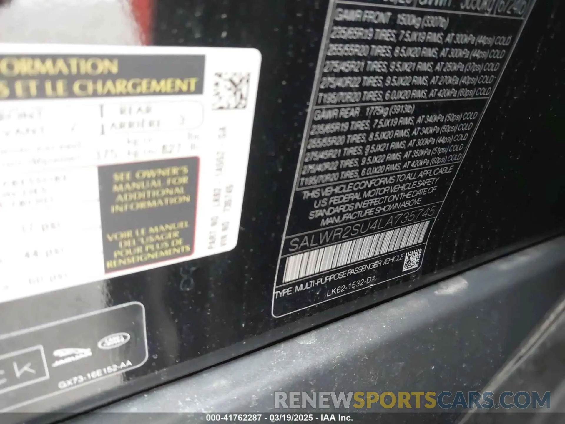 9 Photograph of a damaged car SALWR2SU4LA735745 LAND ROVER RANGE ROVER SPORT 2020
