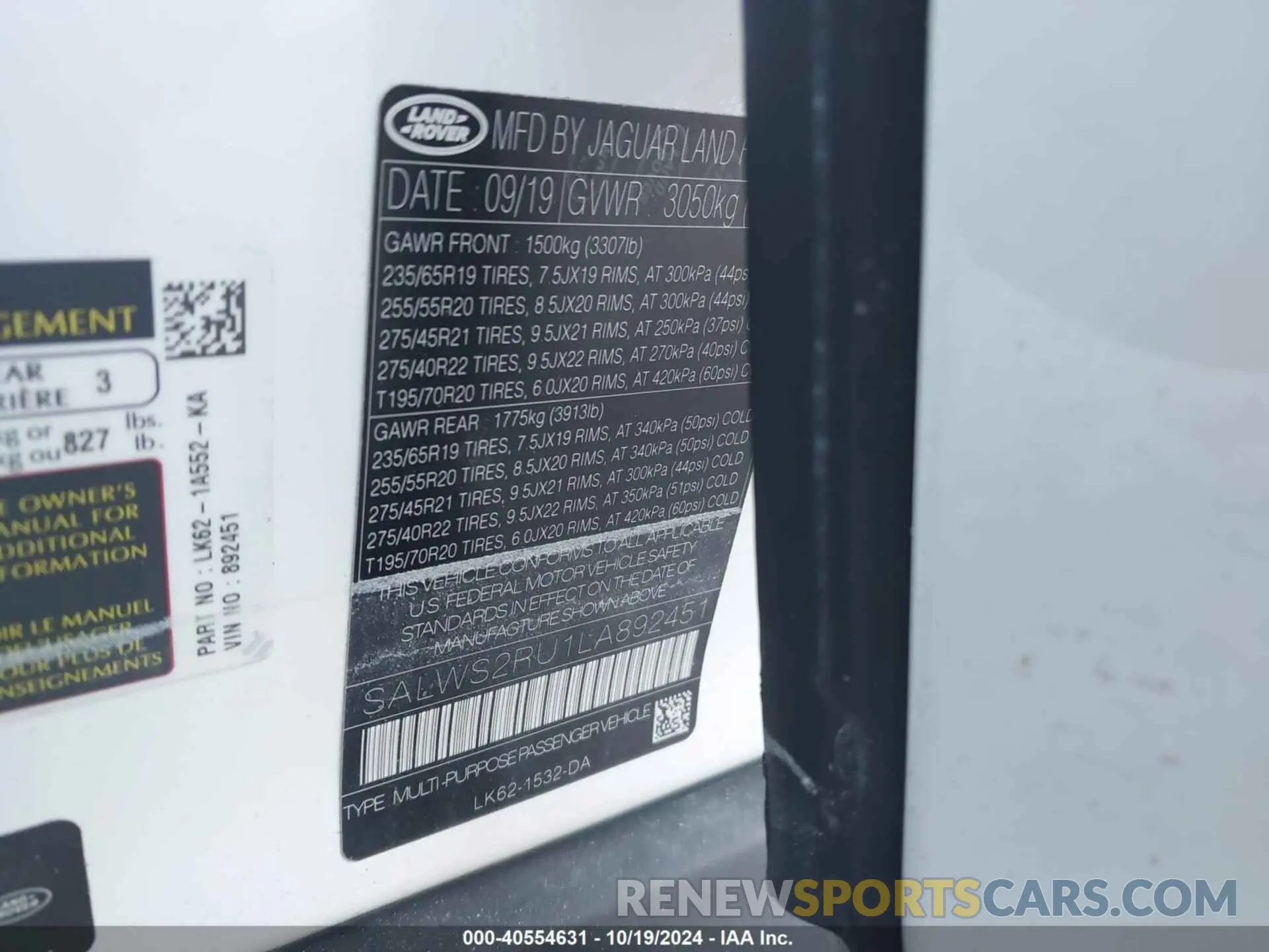 9 Photograph of a damaged car SALWS2RU1LA892451 LAND ROVER RANGE ROVER SPORT 2020