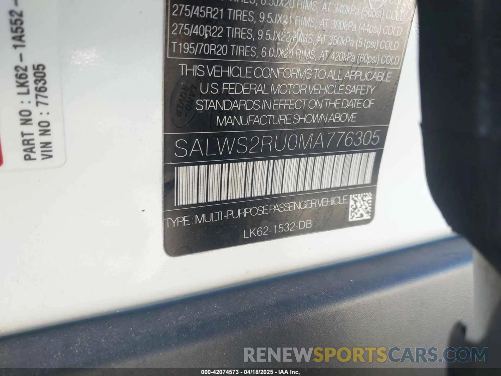9 Photograph of a damaged car SALWS2RU0MA776305 LAND ROVER RANGE ROVER SPORT 2021