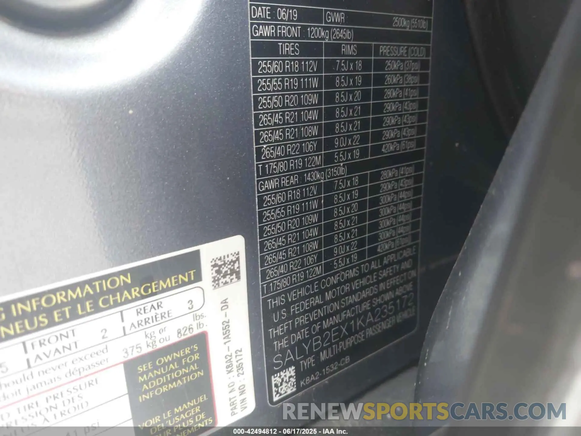 9 Photograph of a damaged car SALYB2EX1KA235172 LAND ROVER RANGE ROVER VELAR 2019
