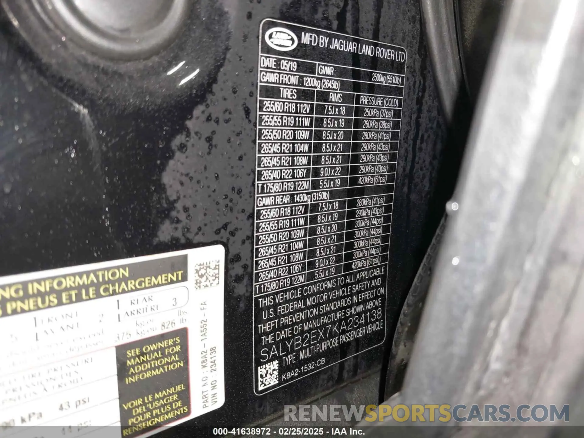 9 Photograph of a damaged car SALYB2EX7KA234138 LAND ROVER RANGE ROVER VELAR 2019