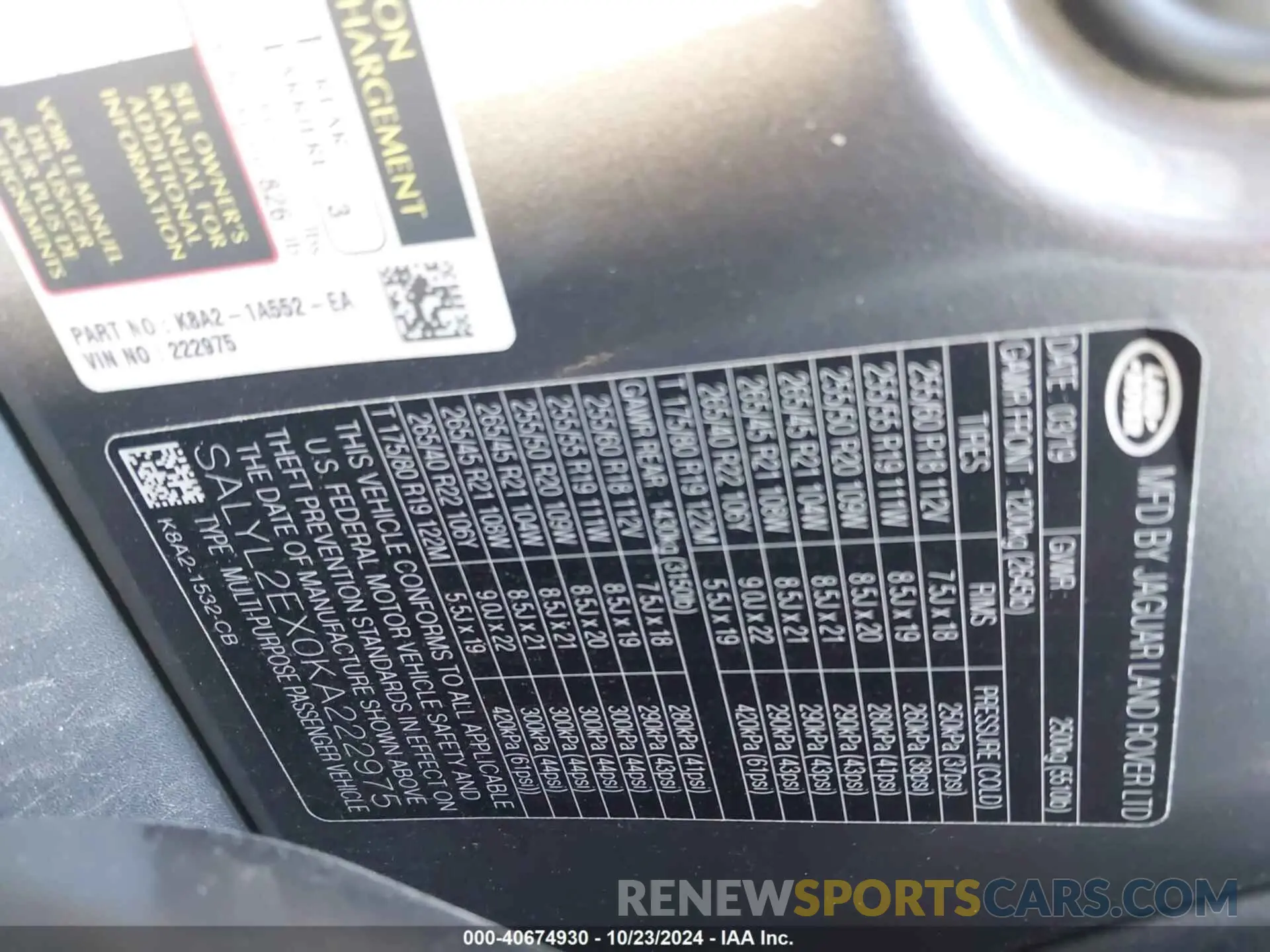9 Photograph of a damaged car SALYL2EX0KA222975 LAND ROVER RANGE ROVER VELAR 2019