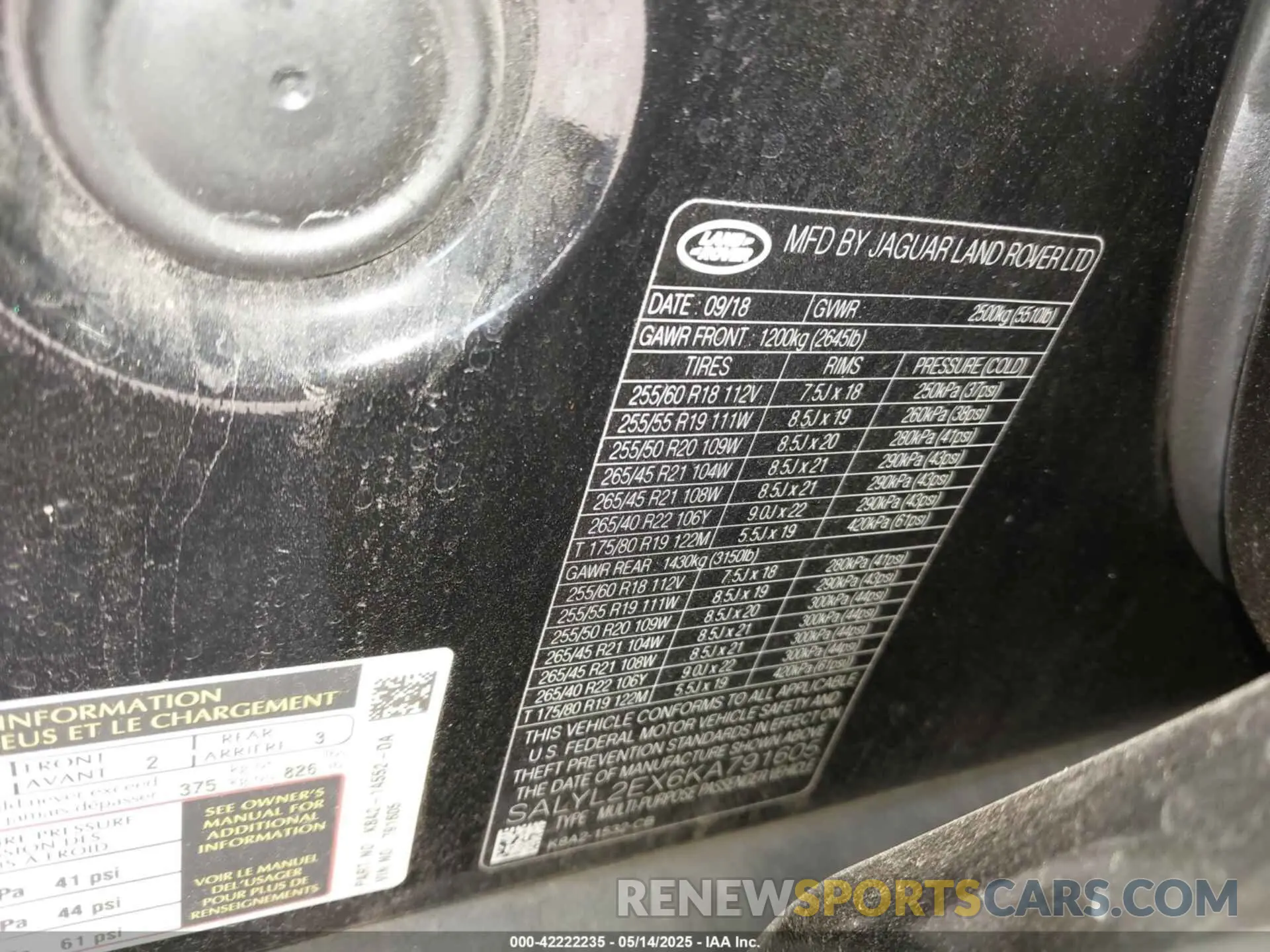 9 Photograph of a damaged car SALYL2EX6KA791605 LAND ROVER RANGE ROVER VELAR 2019