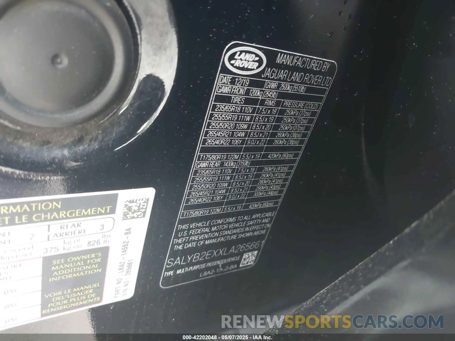 9 Photograph of a damaged car SALYB2EXXLA265661 LAND ROVER RANGE ROVER VELAR 2020