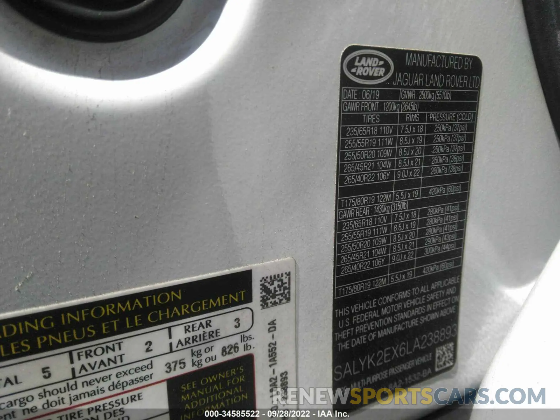 9 Photograph of a damaged car SALYK2EX6LA238893 LAND ROVER RANGE ROVER VELAR 2020
