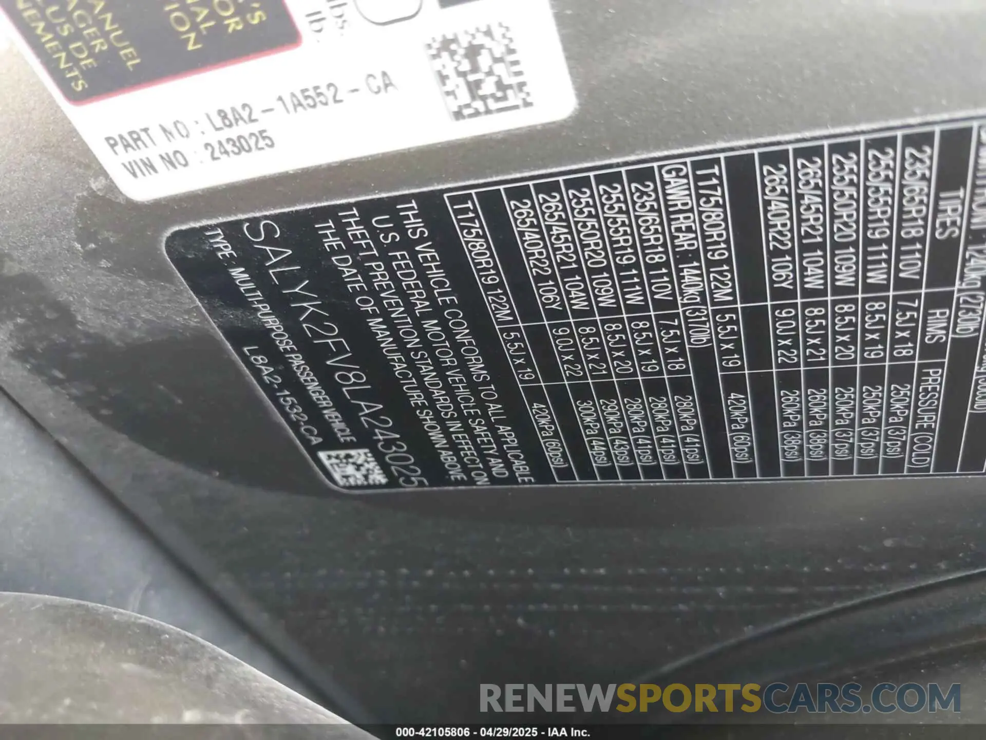 9 Photograph of a damaged car SALYK2FV8LA243025 LAND ROVER RANGE ROVER VELAR 2020