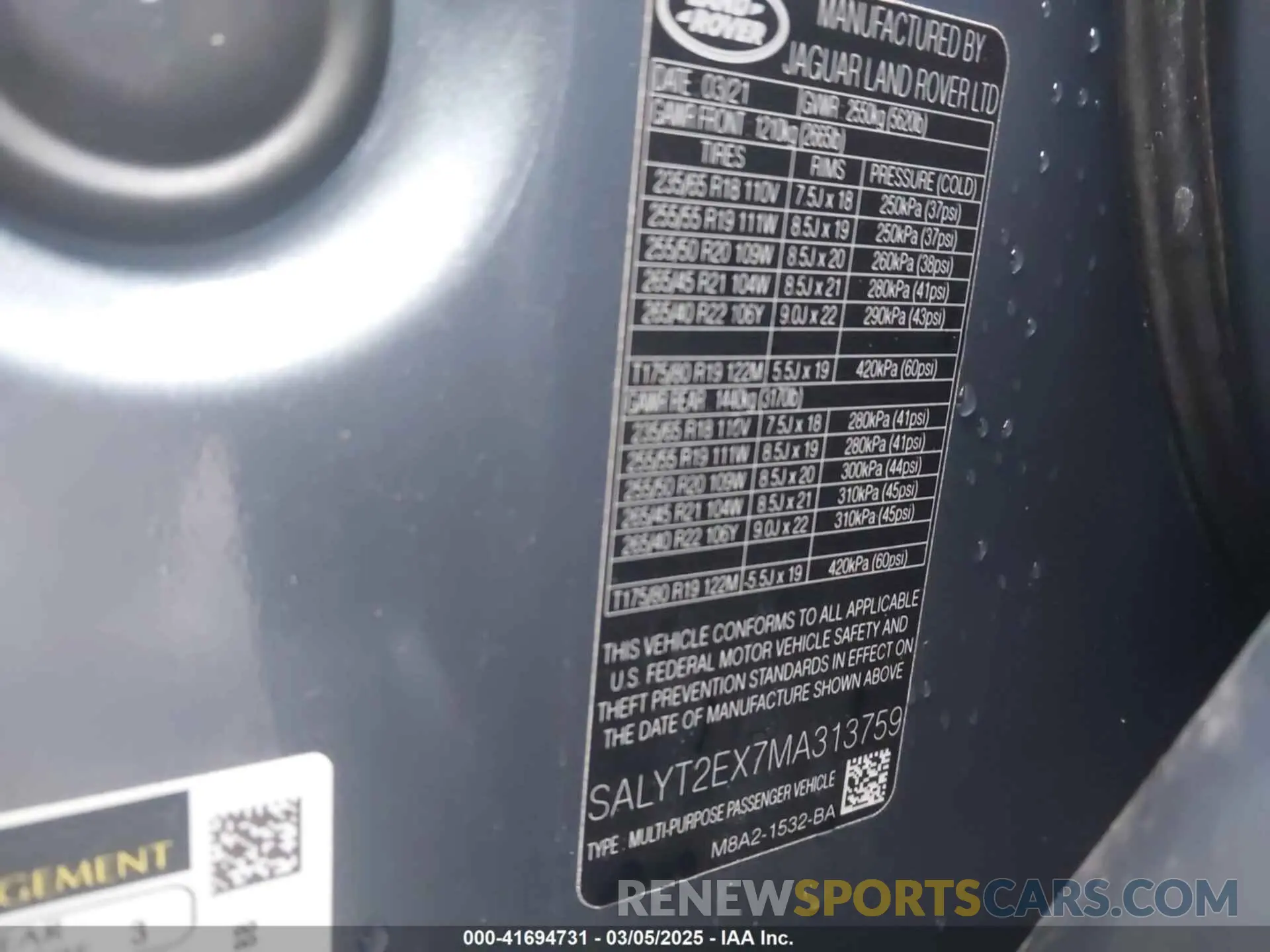 9 Photograph of a damaged car SALYT2EX7MA313759 LAND ROVER RANGE ROVER VELAR 2021
