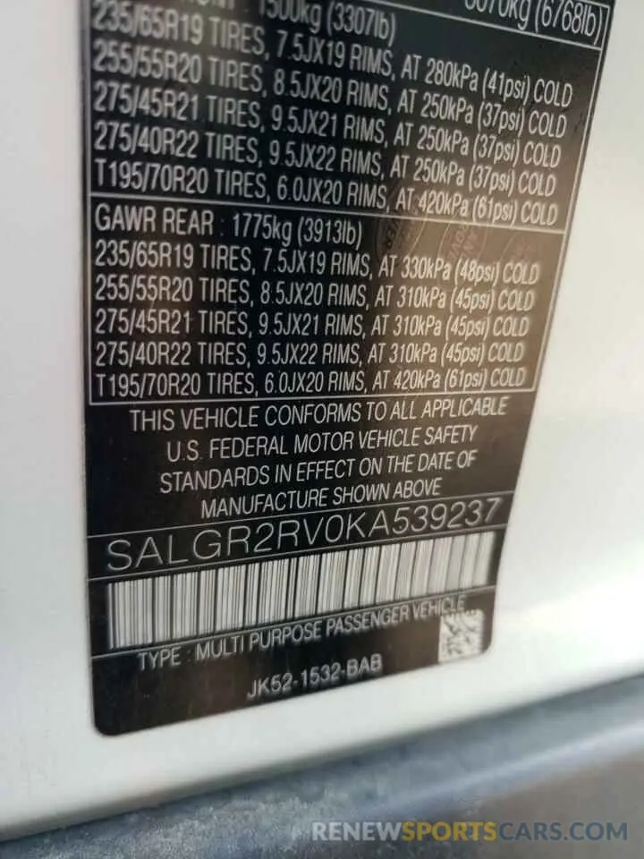 12 Photograph of a damaged car SALGR2RV0KA539237 LAND ROVER RANGEROVER 2019